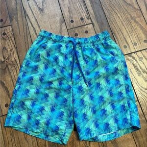 CRANE Swim Trunk Men Small Blue/Green Elastic Waist Mesh Lined Pocket Short